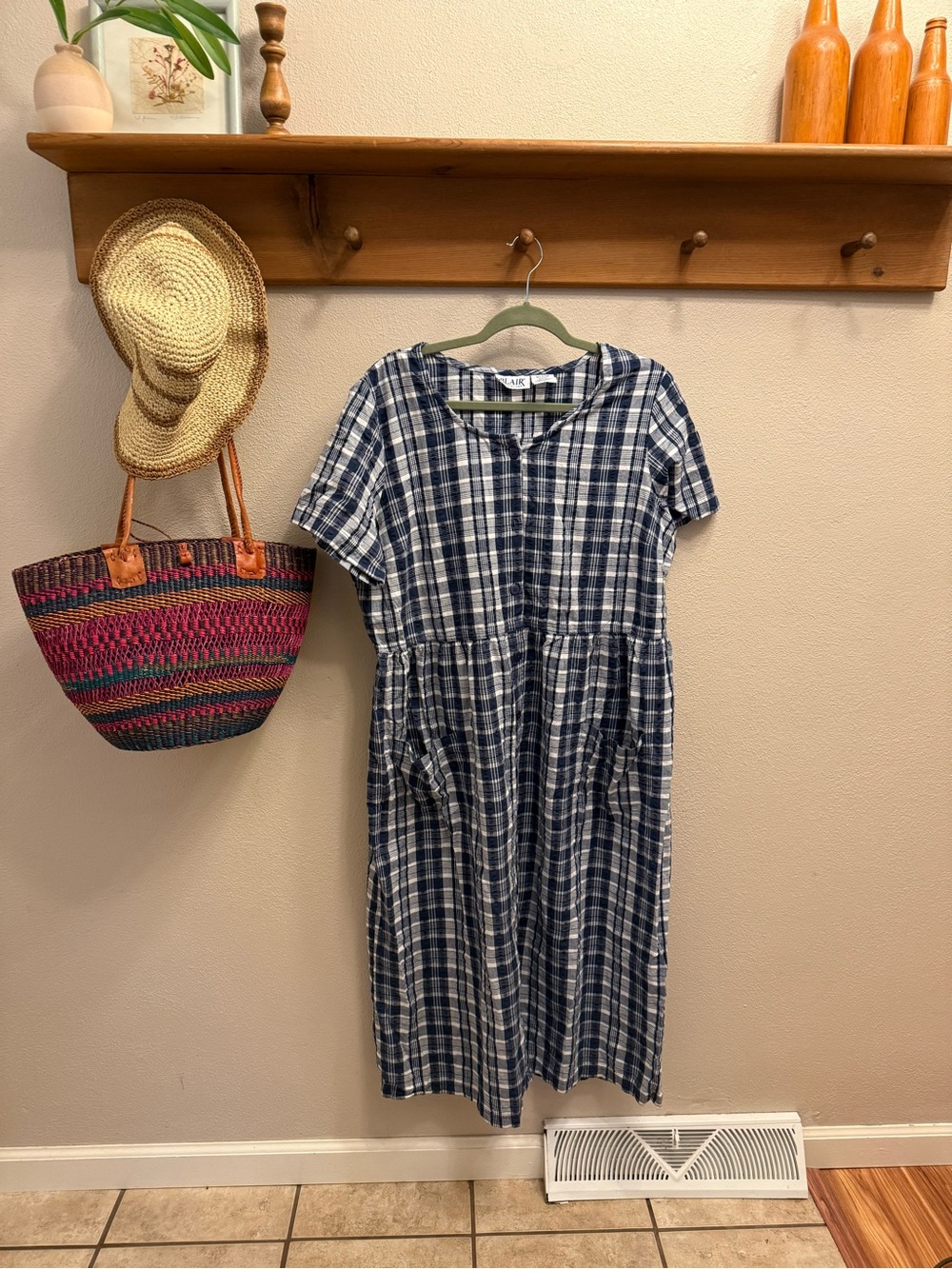 Vintage 90s y2k cottagecore trad cotton plaid blue gingham dress large Blair
